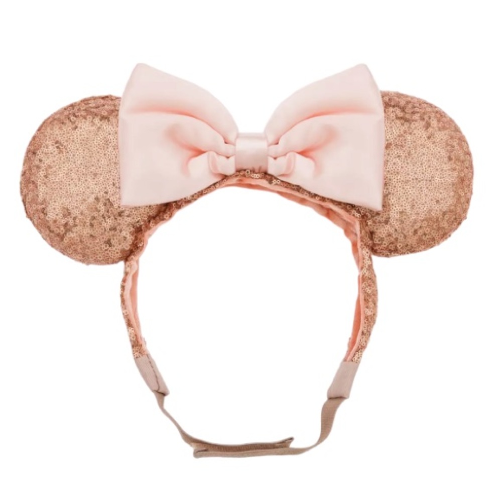 Disney Rose Gold Sequin Minnie Ears Headband with Pale Pink Bow